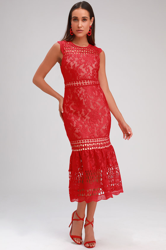 Red Lace Dress with Belt